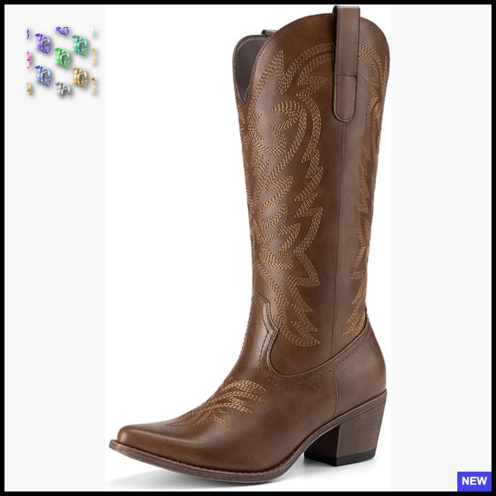 Western Mid Calf Boots Low Chunky Heel Snip Toe Embroidery Fashion